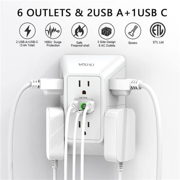 Multi Plug Outlet Surge Protector - YISHU 3 Sided Power Strip with 6 AC Outlet - Picture 2 of 8